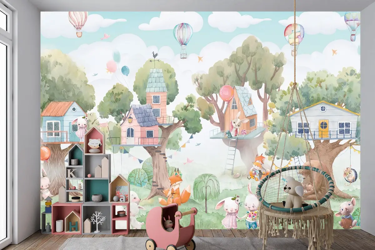 Orman Ağaçevleri ve Şenlikçi Hayvanlar Çocuk Odası Duvar Kağıdı