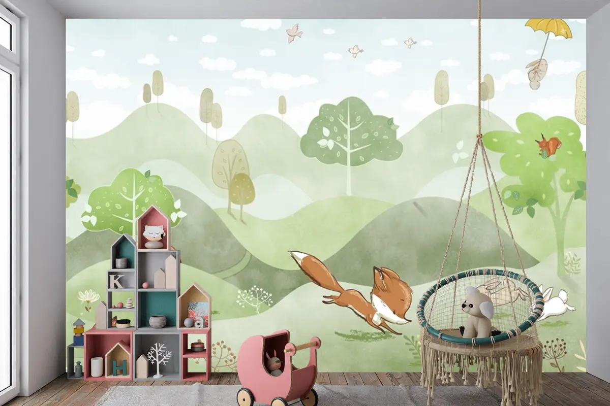 Orman Hayvanları Yeşil Orman Geyik Tilki Tavşan Bebek Odası Duvar Kağıdı