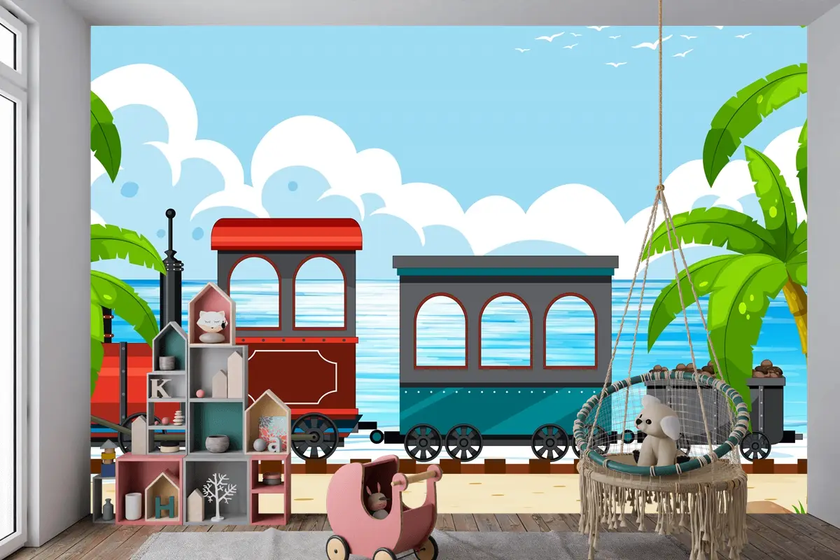 Buharlı Lokomotif Treni Boys Çocuk Odası Duvar Kağıdı  Ile Açık Hava Sahnesi