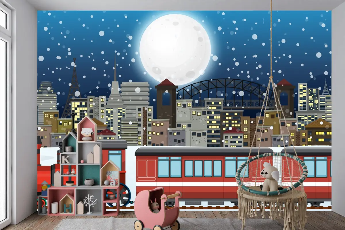 Buharlı Lokomotif Treni Ile Açık Hava Sahnesi Çocuk Odası Duvar Kağıdı