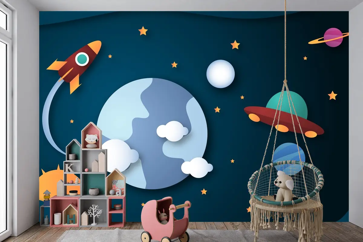 Kağıt Stili Galaxy Arka Plan Çocuk Odası Duvar Kağıdı 