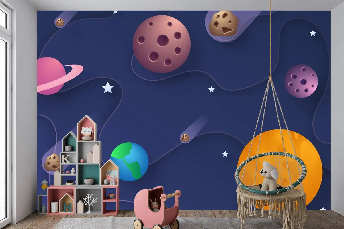 Kağıt Stili Galaxy Uzay Boys Çocuk Odası Duvar Kağıdı