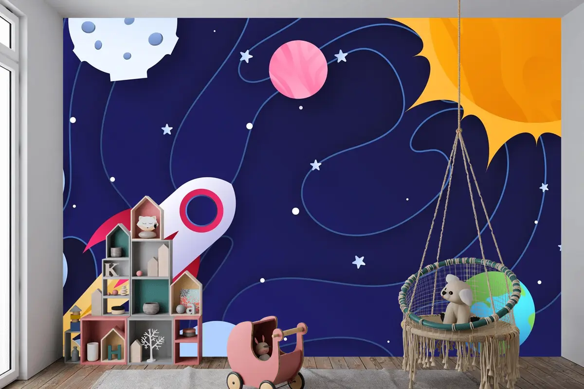 Kağıt Stili Galaxy Çocuk Odası Duvar Kağıdı 