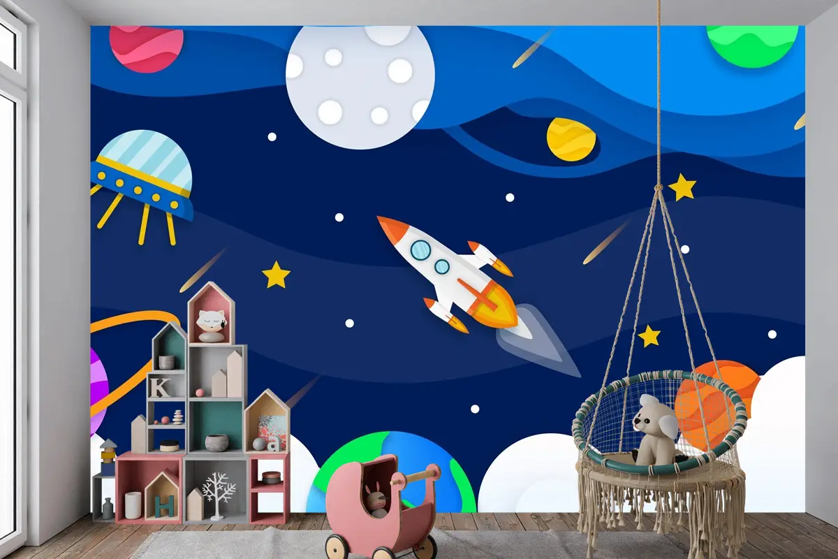 Roket Çocuk Odası Duvar Kağıdı  Ile Kağıt Tarzı Galaksi