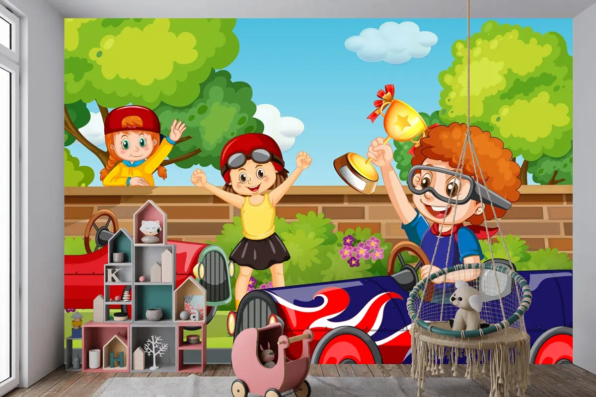 Çocuk Araba Yarışı Çocuk Odası Duvar Kağıdı  Ile Park Sahnesi