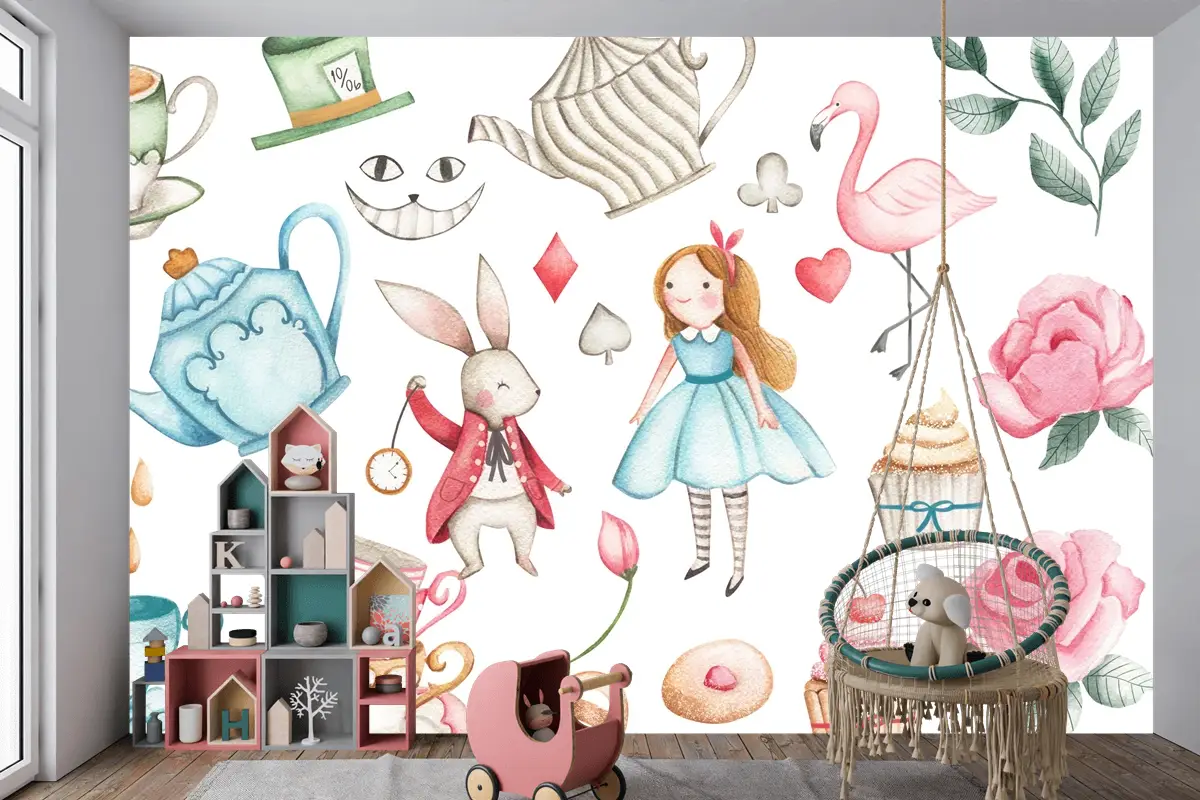 Pastel Alice Masalı ve Çay Saati Çocuk Odası Duvar Kağıdı