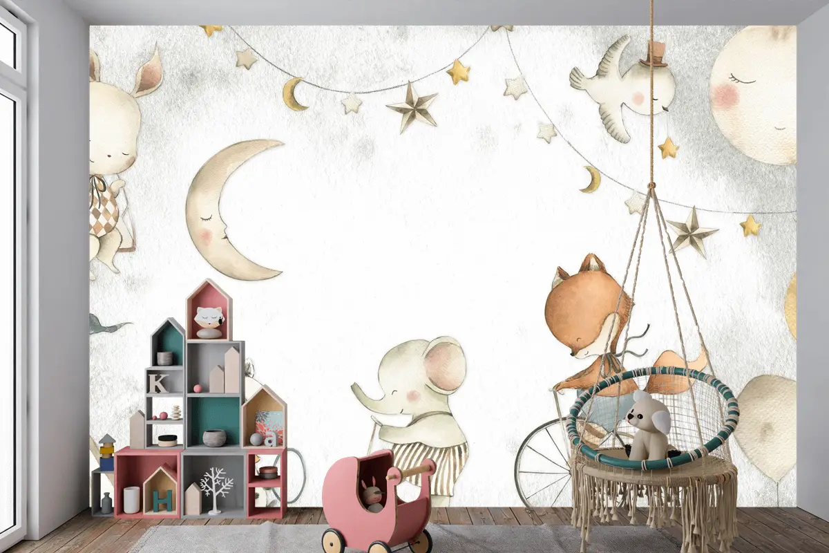 Pastel Ay, Fil ve Tilki Oyun Sahnesi Çocuk Odası Duvar Kağıdı