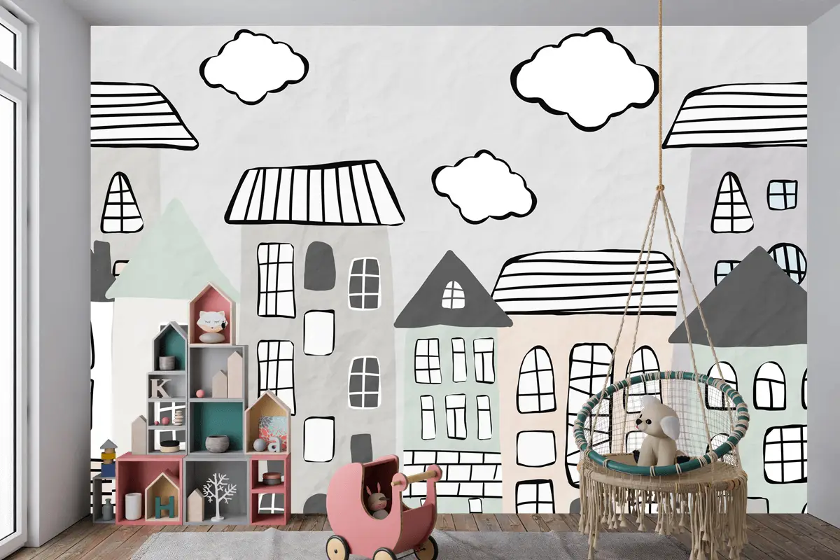 Pastel Bulutlar ve Şehir Evleri Çocuk Odası Duvar Kağıdı