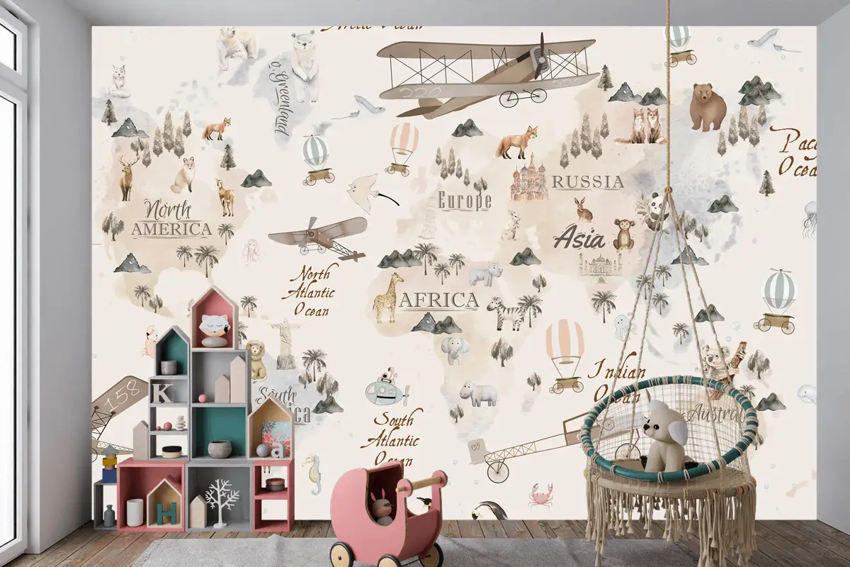 Pastel Dünya Haritası Eğitici ve Eğlenceli Çocuk Odası Duvar Kağıdı