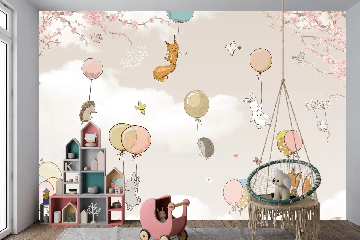Pastel Sıcak Hava Balonları ve Orman Hayvanları Çocuk Odası Duvar Kağıdı