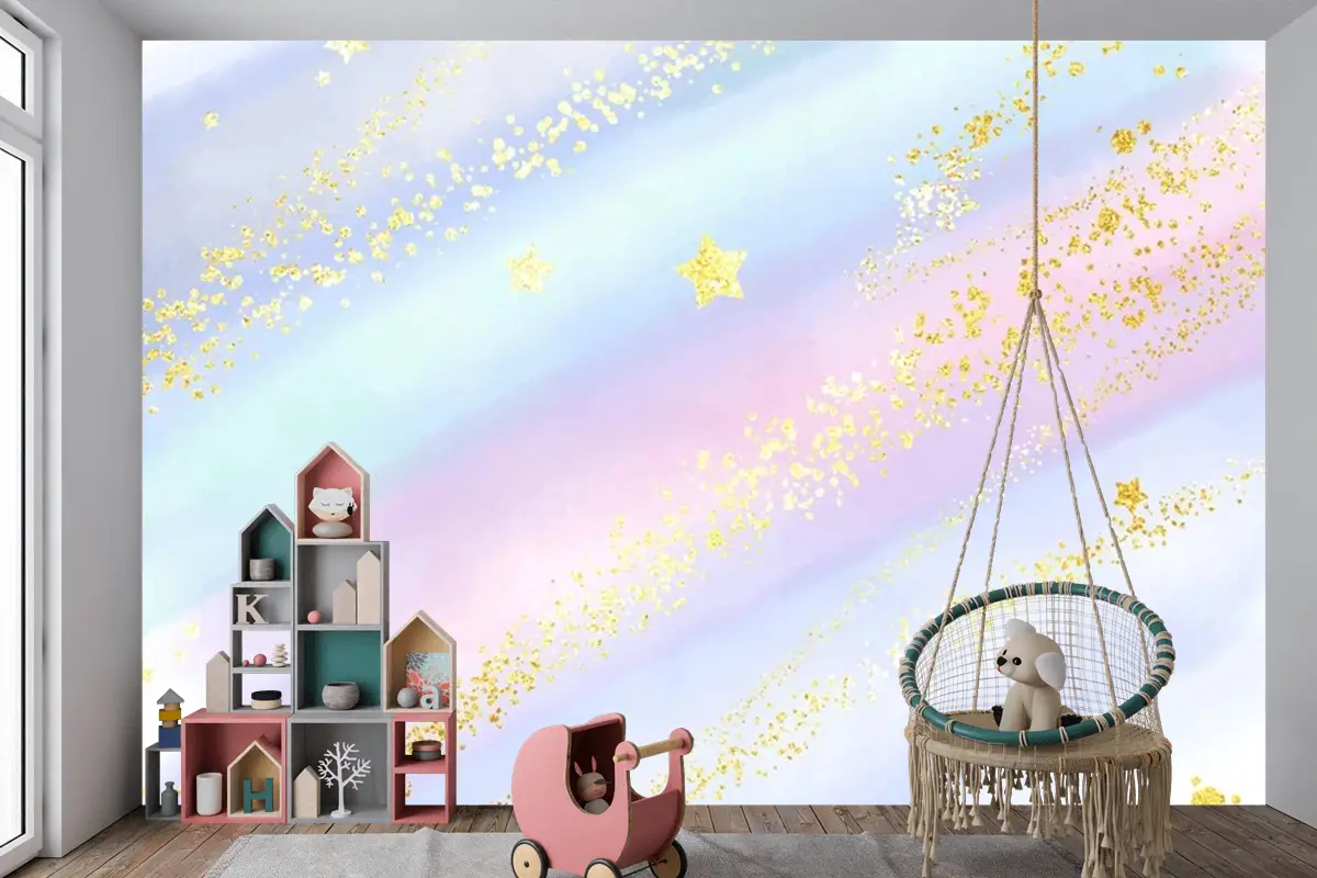 Işıltılı Altın Yıldızlar Ve Konfeti Ile Pastel Suluboya Arka Plan Çocuk Odası Duvar Kağıdı