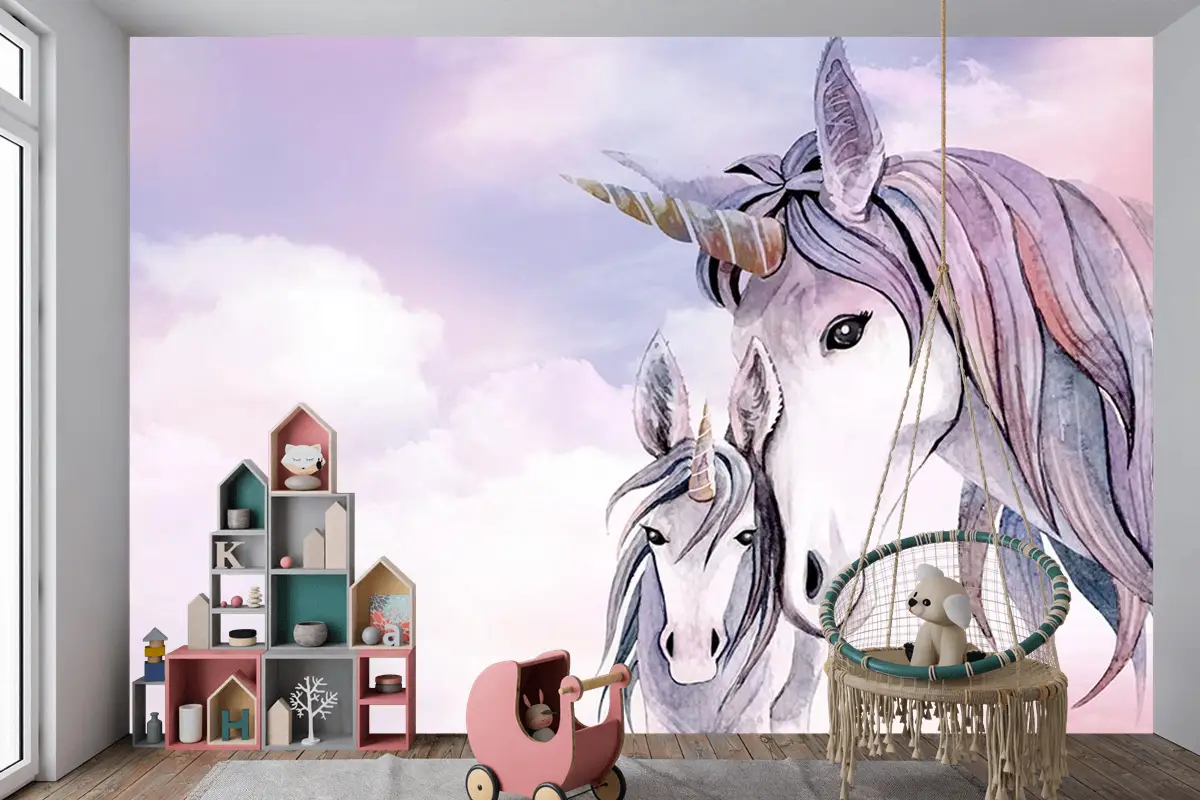 Pembe Bulutlar Üzerinde Unicorn Çocuk Odası Duvar Kağıdı