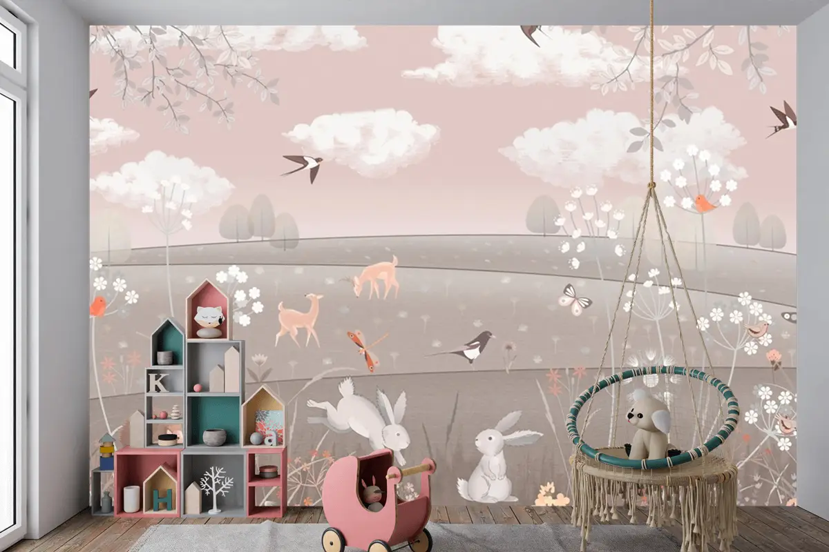 Pembe Manzara Geyik Tavşan Kuşlar Çocuk Odası Duvar Kağıdı