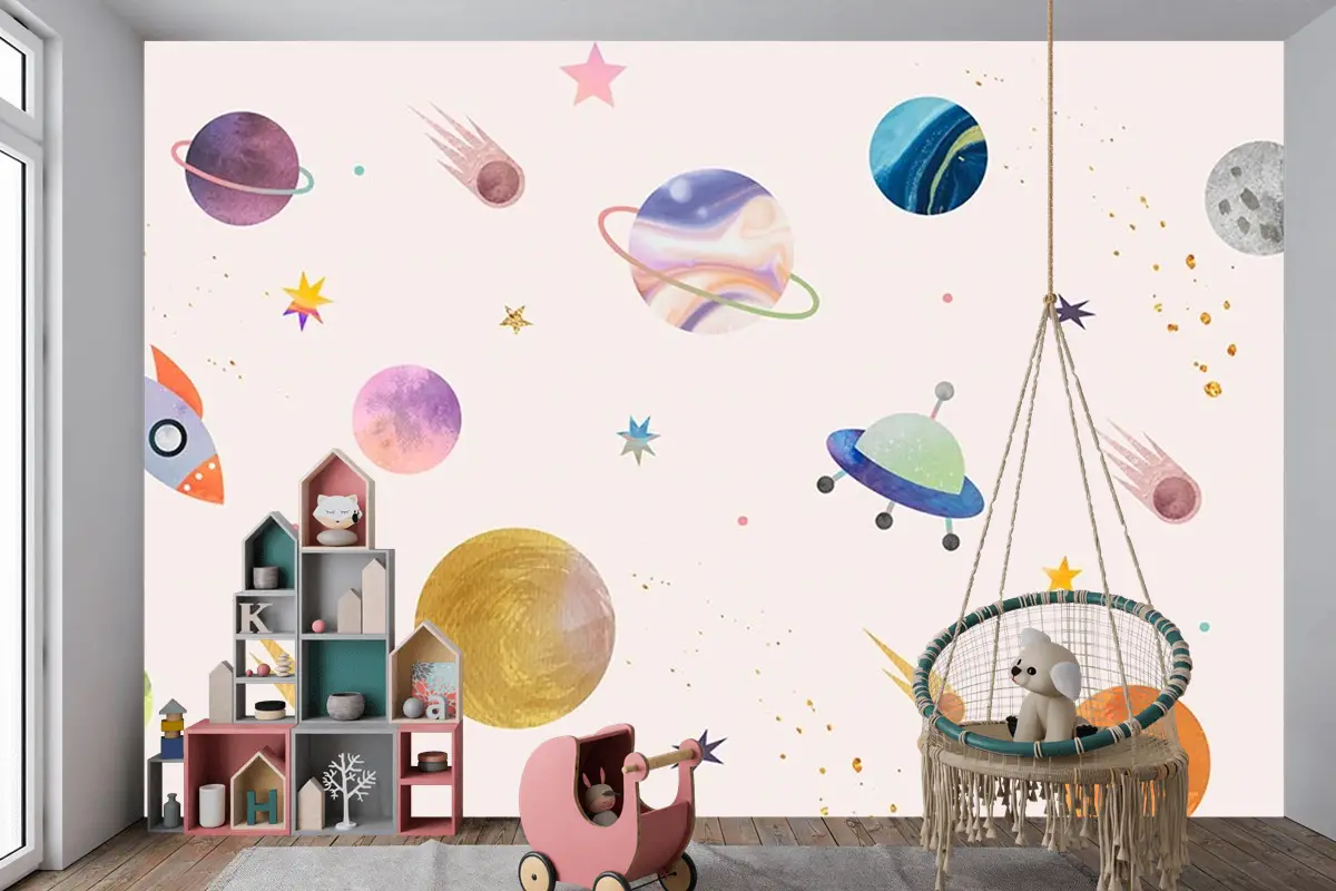 Pembe Zemin Üzerinde Gezegenler Çocuk Odası Duvar Kağıdı