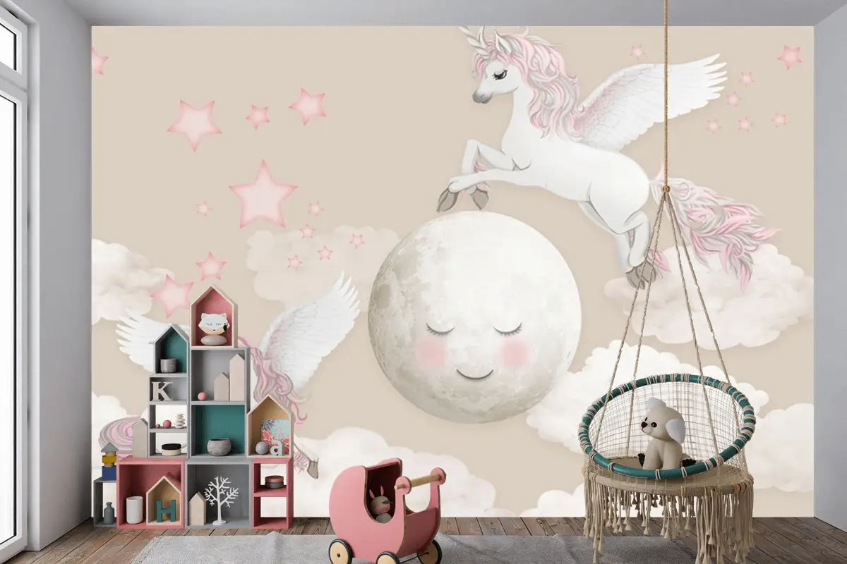 Peri At Ay Ve Bulutlar Çocuk Odası Duvar Kağıdı