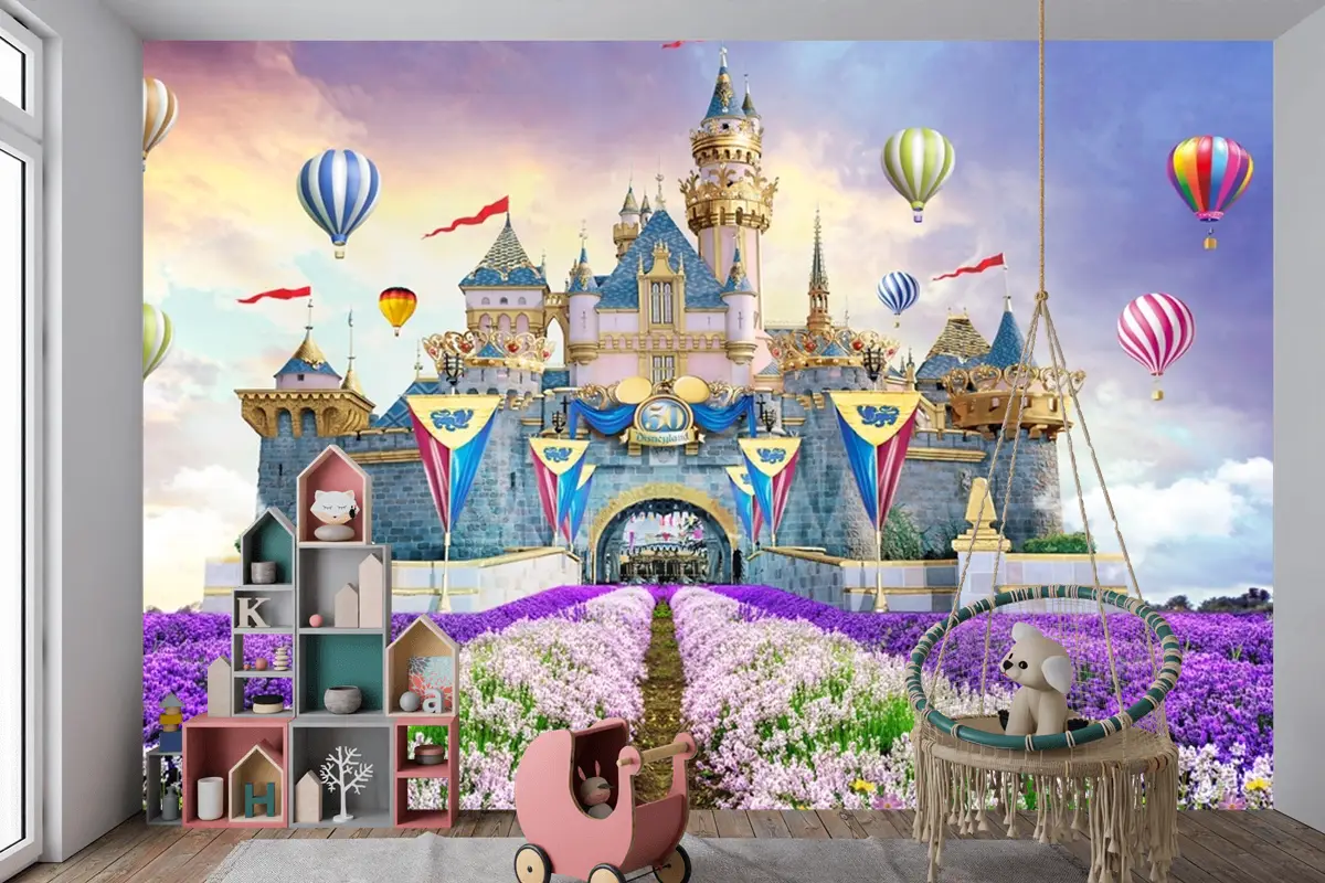 Peri Kalesi Manzara Çiçekler Sıcak Hava Balonları Çocuk Odası Duvar Kağıdı