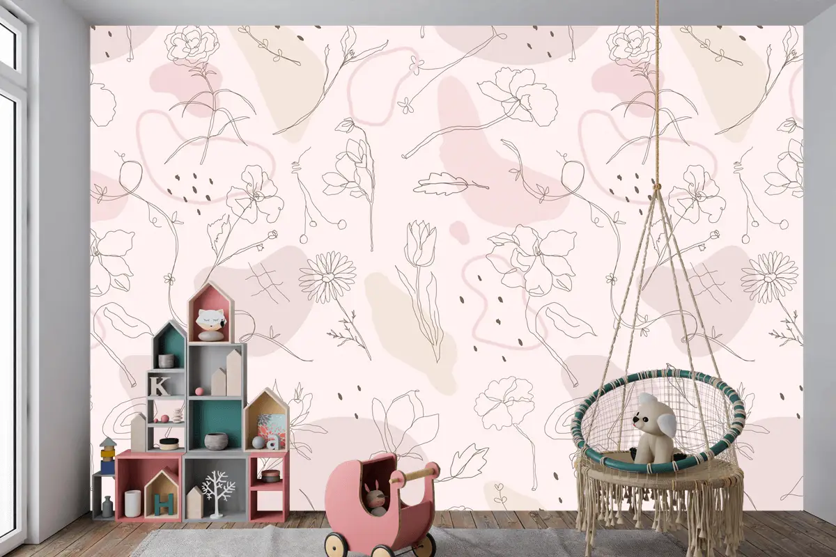 Pembe Çiçek Desenli Çocuk Odası Duvar Kağıdı