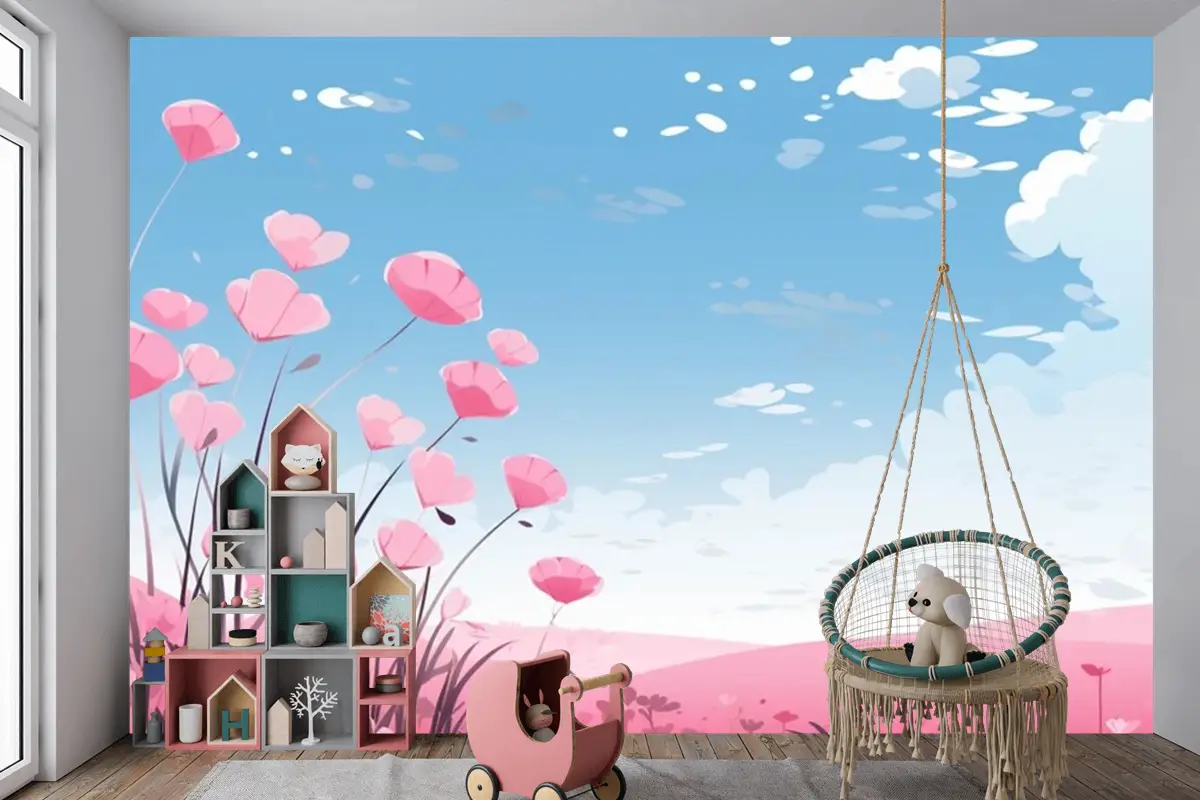 Gökyüzünde Çiçekler Ve Bulutlarla Pembe Kalpler Çocuk Odası Duvar Kağıdı
