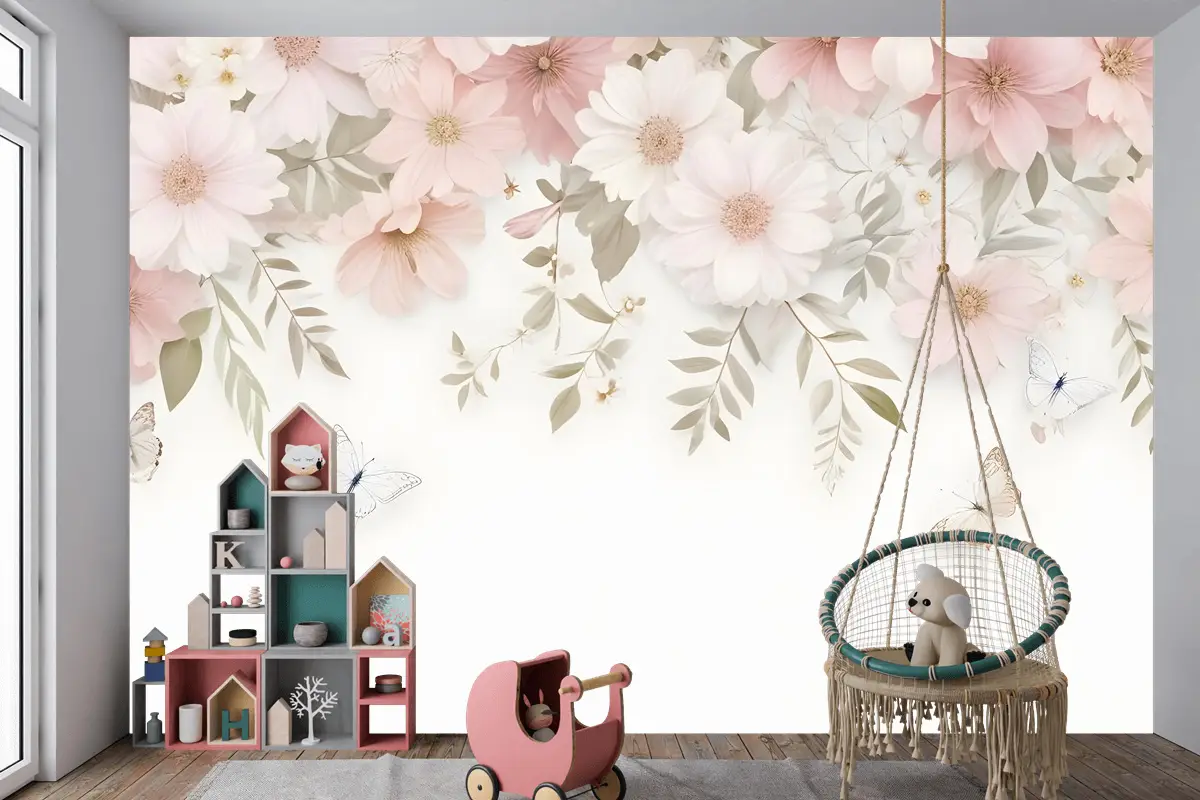 Pembe Ortanca Çiçek Sanatı Çocuk Odası Duvar Kağıdı 