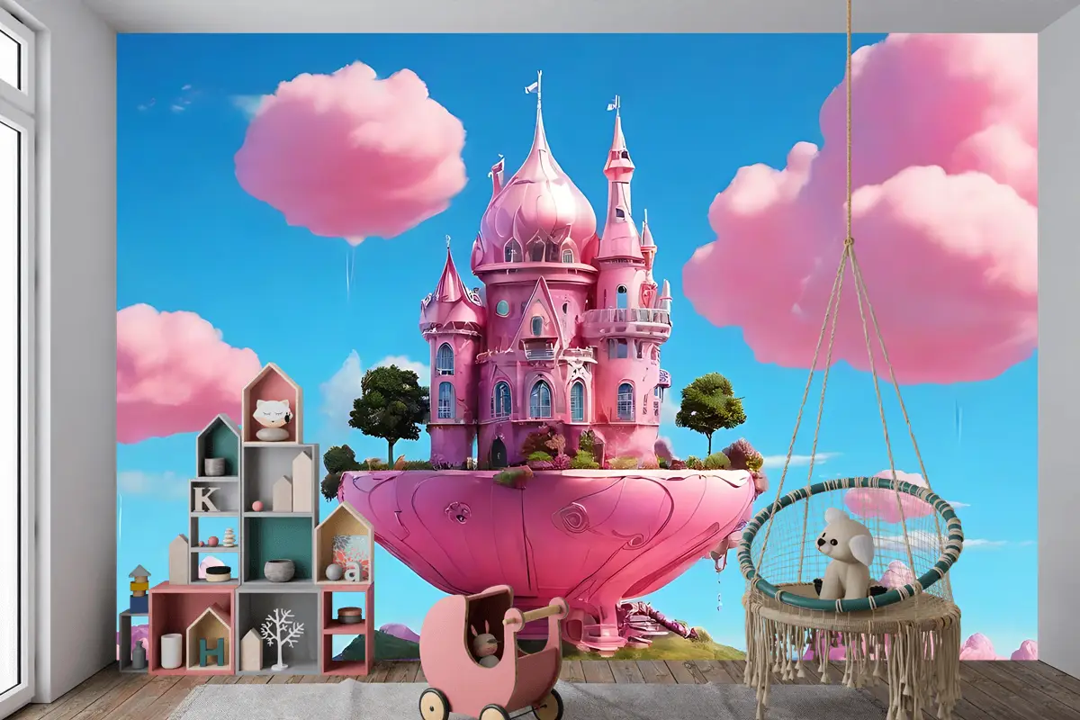 Pembe Sihirli Ev Tasarımı Çocuk Odası Duvar Kağıdı 