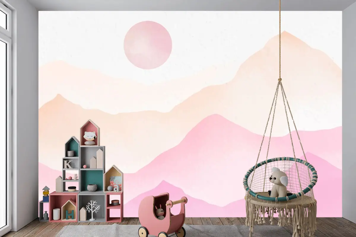 Pembe Suluboya Dağlar Arka Plan Çocuk Odası Duvar Kağıdı 