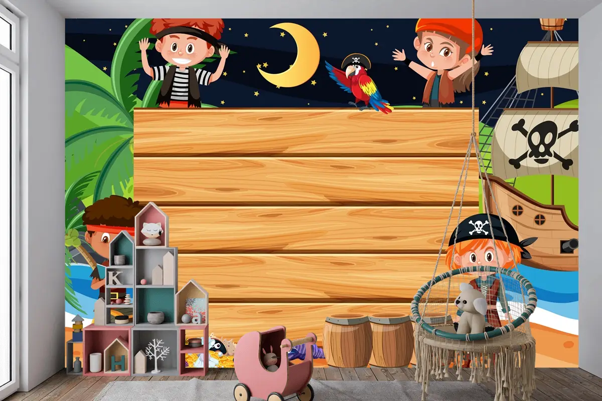 Boş Ahşap Çocuk Odası Duvar Kağıdı Yle Sahilde Gece Sahnesinde Korsan Çocuklar