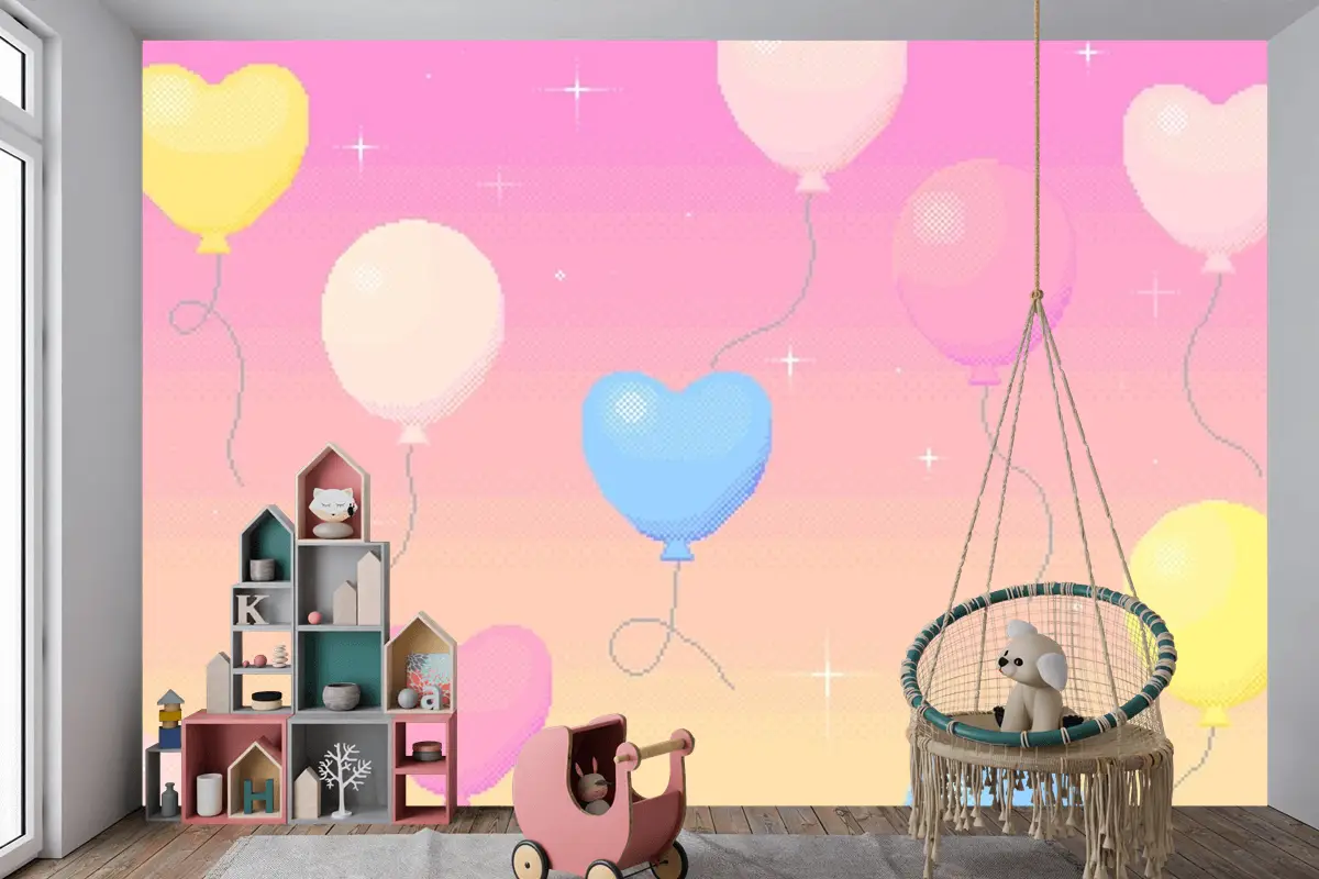 Rüya Gibi Gökyüzünde Uçan Balonların Piksel Sanat Arka Planı Çocuk Odası Duvar Kağıdı
