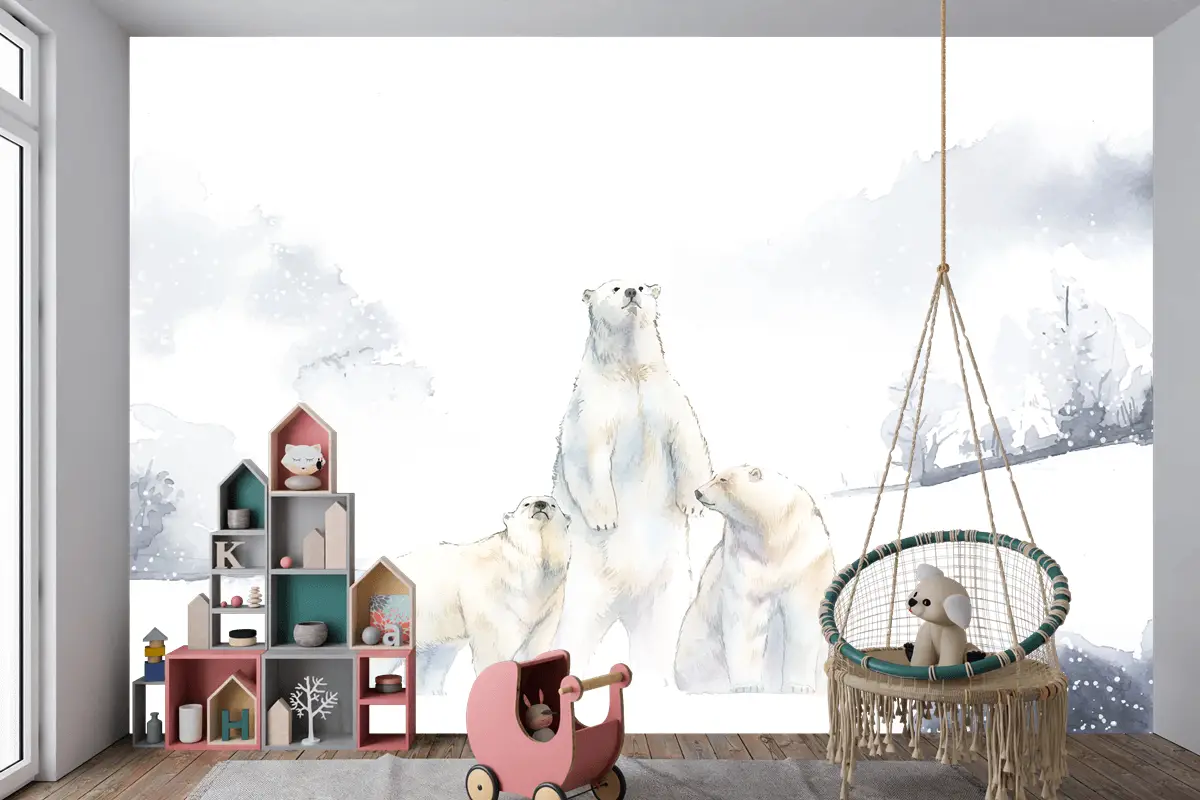 Karda Kutup Ayıları Suluboya Çocuk Odası Duvar Kağıdı 