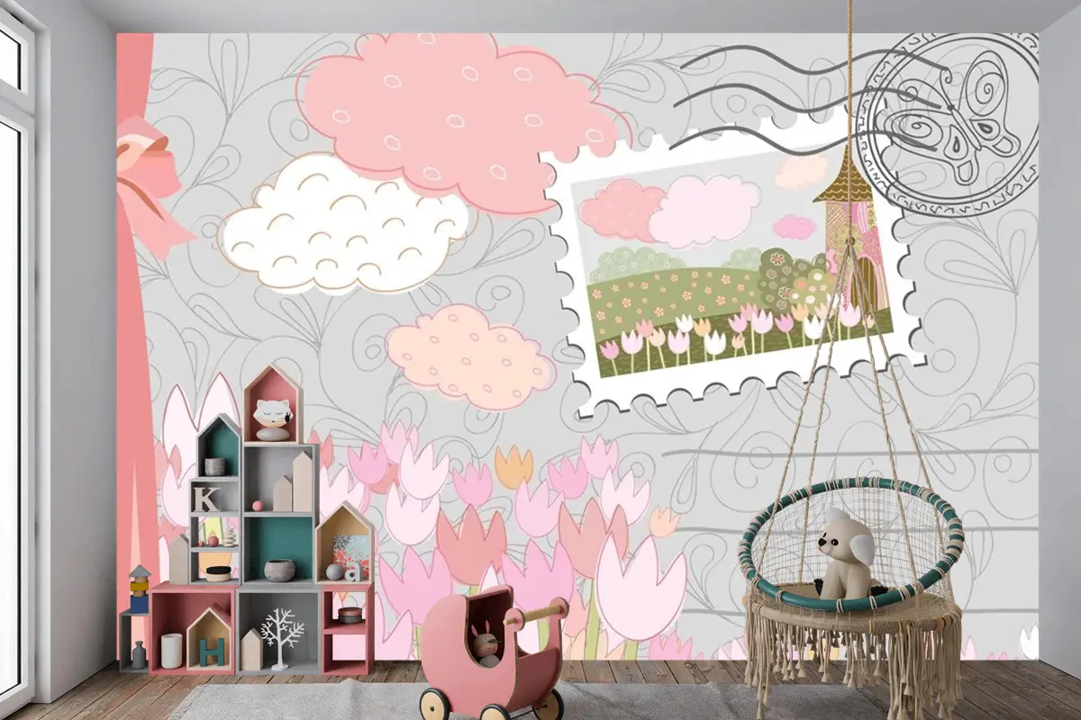 Damgalı Poster Desenli Dekoratif Şehir Çocuk Odası Duvar Kağıdı