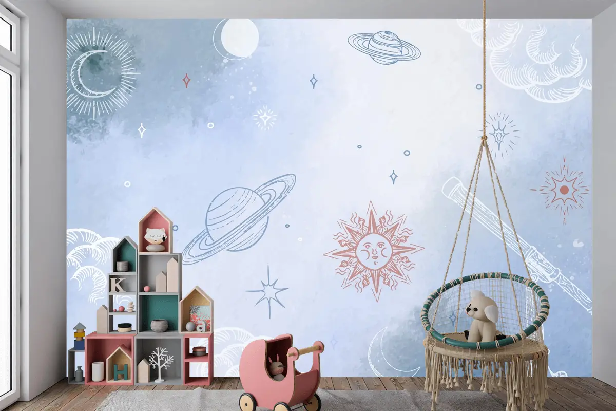 Elle Çizilmiş Öğelerle Toz Pastel Çocuk Odası Duvar Kağıdı