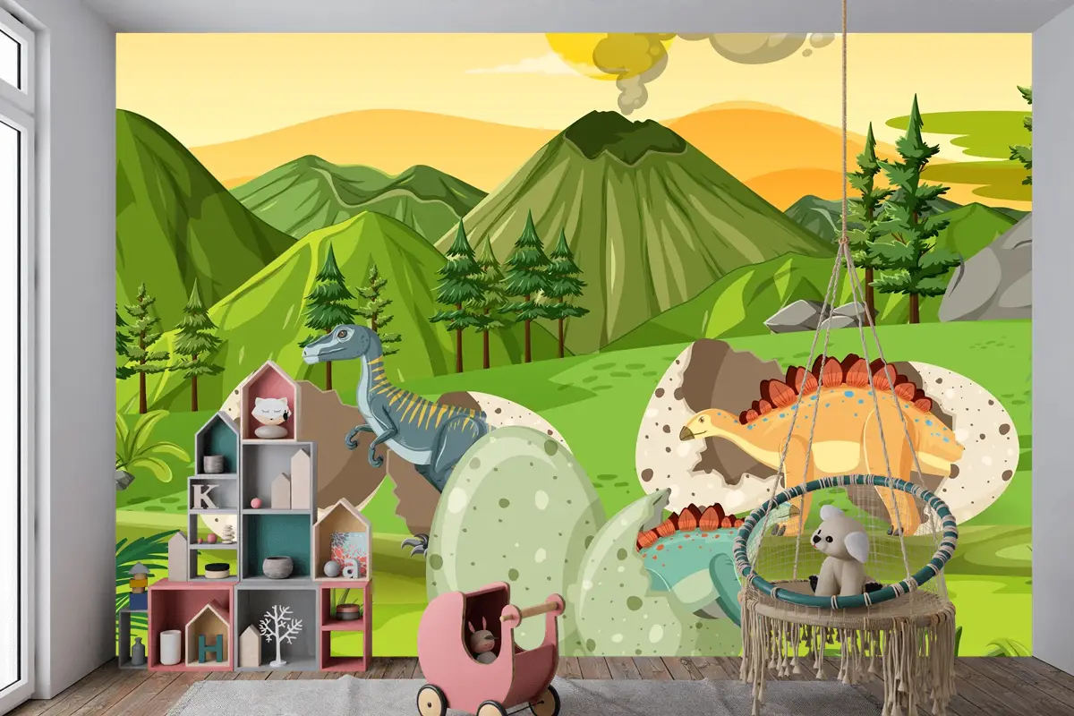 Dinozor Karikatür Çocuk Odası Duvar Kağıdı  Ile Tarih Öncesi Orman