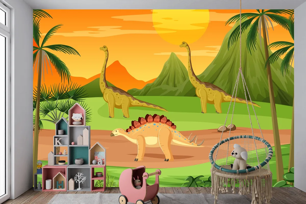 Dinozor Karikatür Çocuk Odası Duvar Kağıdı  Ile Tarih Öncesi Orman