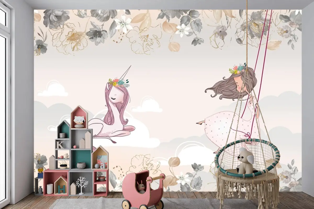 Prenses Ve Unicorn Çocuk Odası Duvar Kağıdı