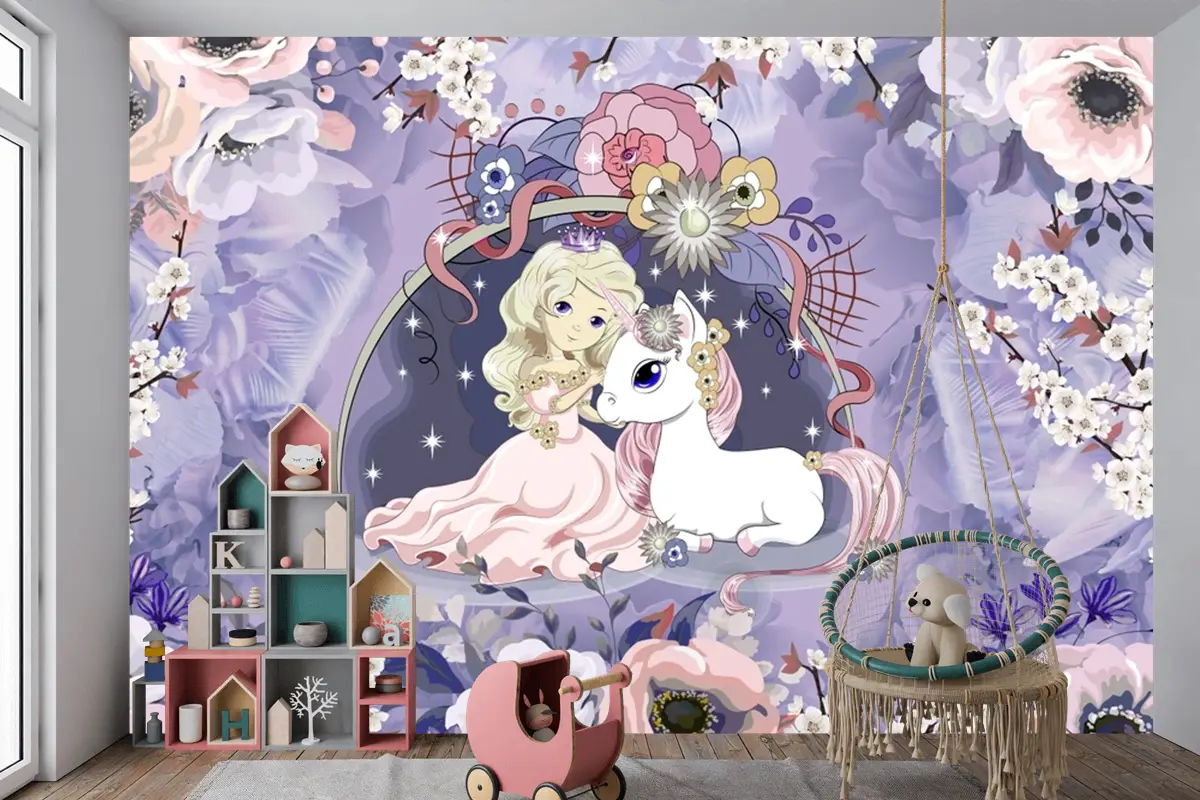 Prenses Ve Unicorn Şakayık Çocuk Odası Duvar Kağıdı