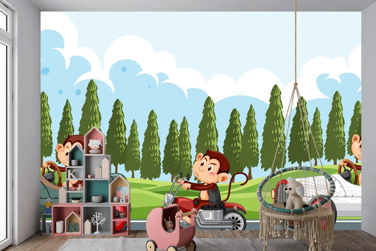 Maymun Yarış Sürücülerinin Bulunduğu Yarış Pisti Sahnesi Çocuk Odası Duvar Kağıdı