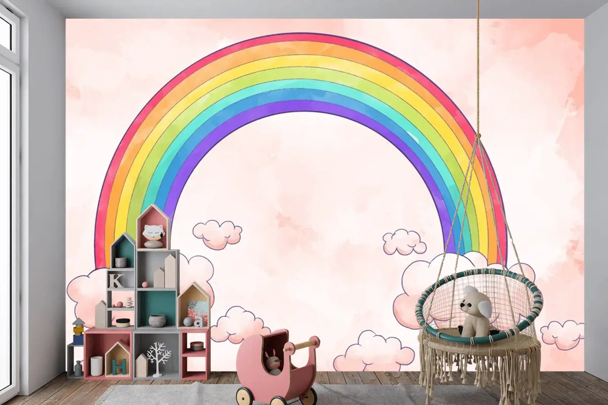 Gökkuşağı Bulutlu Suluboya Tarzı Çocuk Odası Duvar Kağıdı