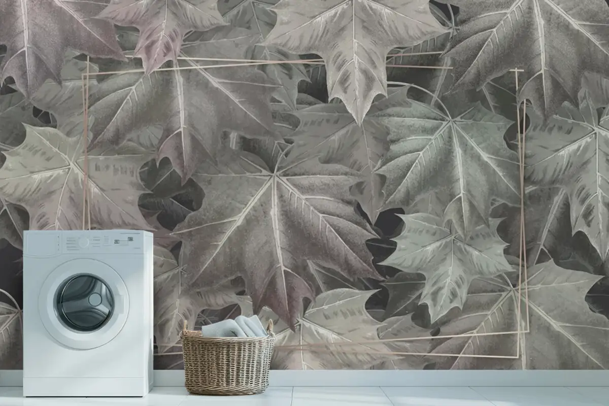 Elle Çizilmiş Sonbahar Akçaağaç Yaprağı Desenli Duvar Kağıdı Duvar Üzerine Dikdörtgen Altın Çerçeve