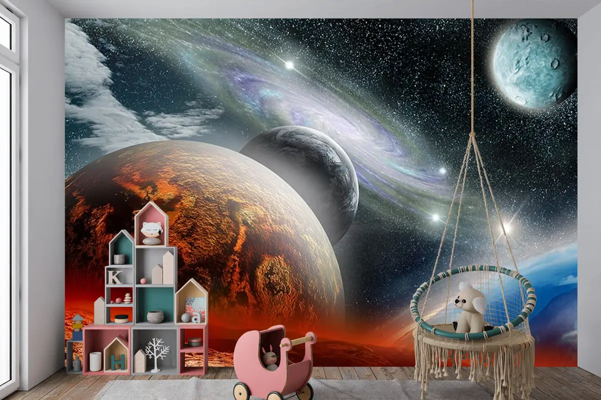 Renkli Galaksi Gezegenler Çocuk Genç Odası Çocuk Odası Duvar Kağıdı