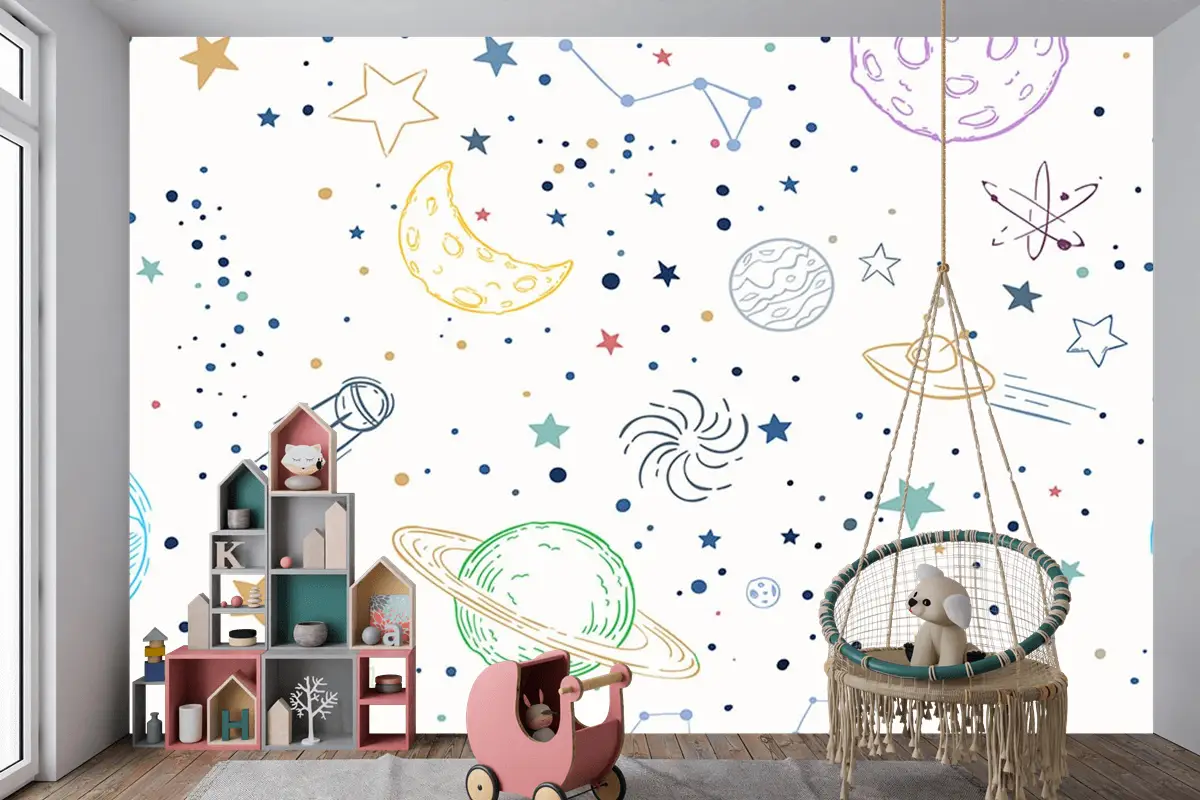 Renkli Gezegenler Uzay Temalı Çocuk Odası Duvar Kağıdı