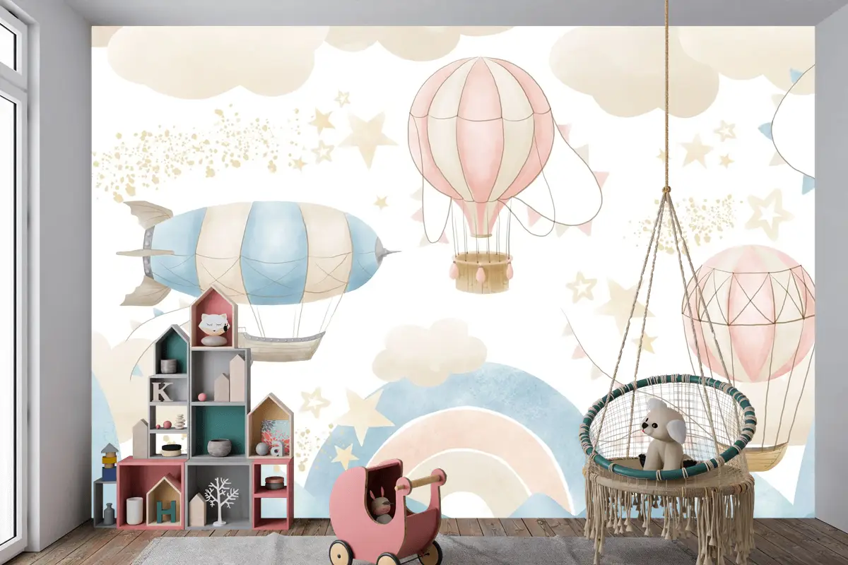 Renkli Gökyüzü ve Sıcak Hava Balonları Temalı Çocuk Odası Duvar Kağıdı