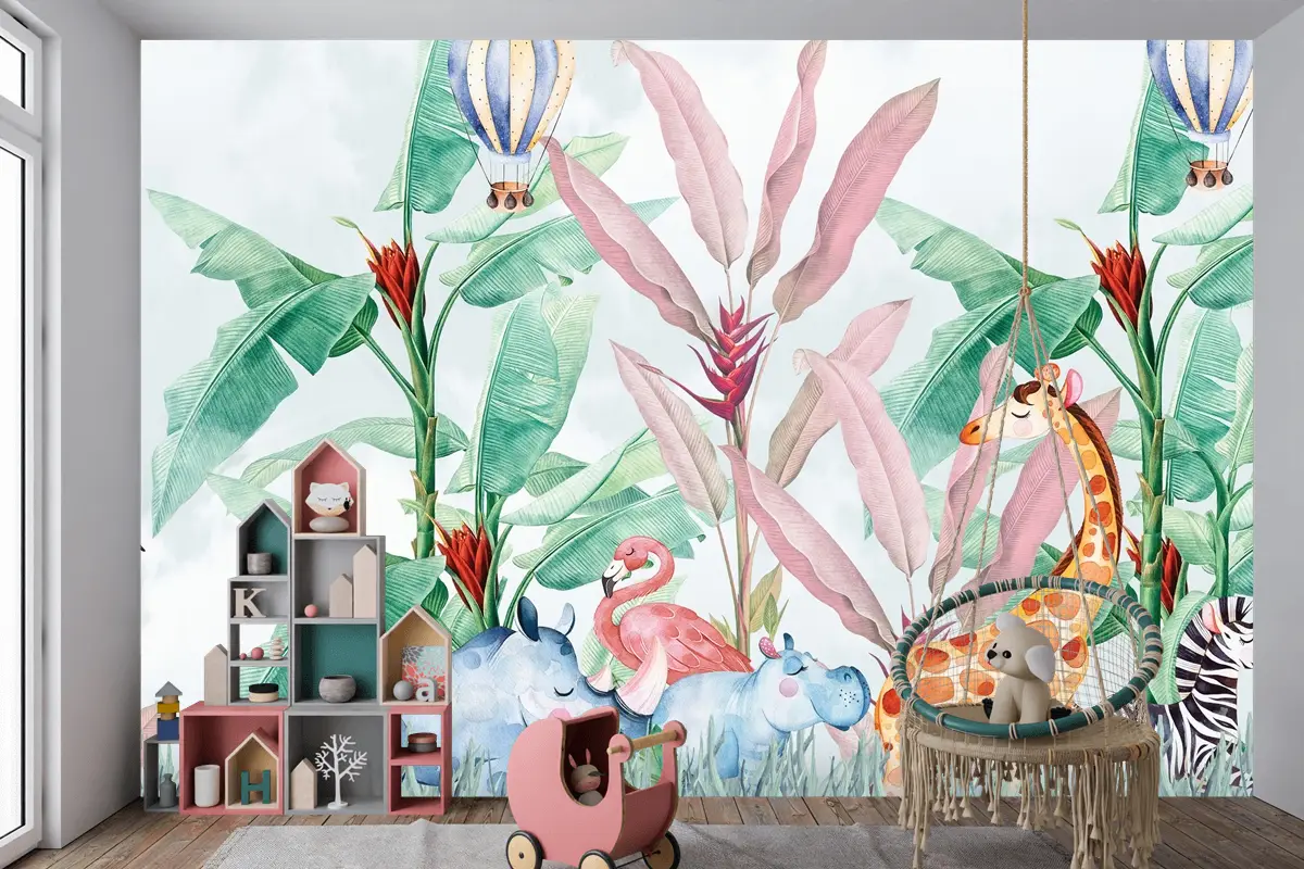 Renkli Hayvanlar ve Balonlu Macera Çocuk Odası Duvar Kağıdı