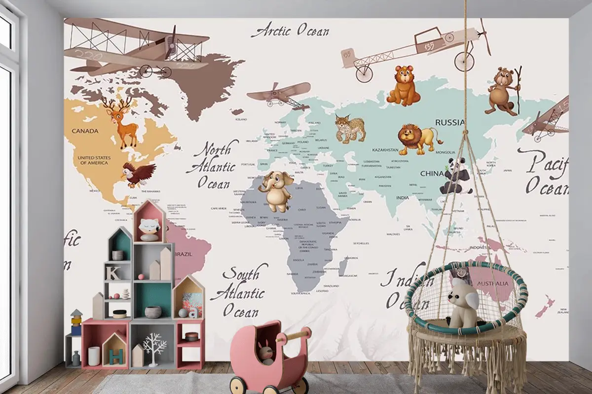 Renkli Kıtalar Öğretici Çocuk Odası Duvar Kağıdı
