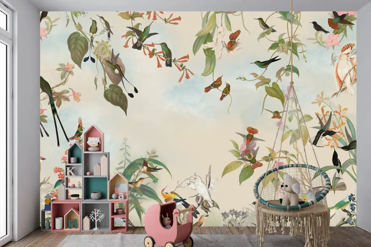 Renkli Kuşlar ve Çiçekli Tropikal Doğa Çocuk Odası Duvar Kağıdı