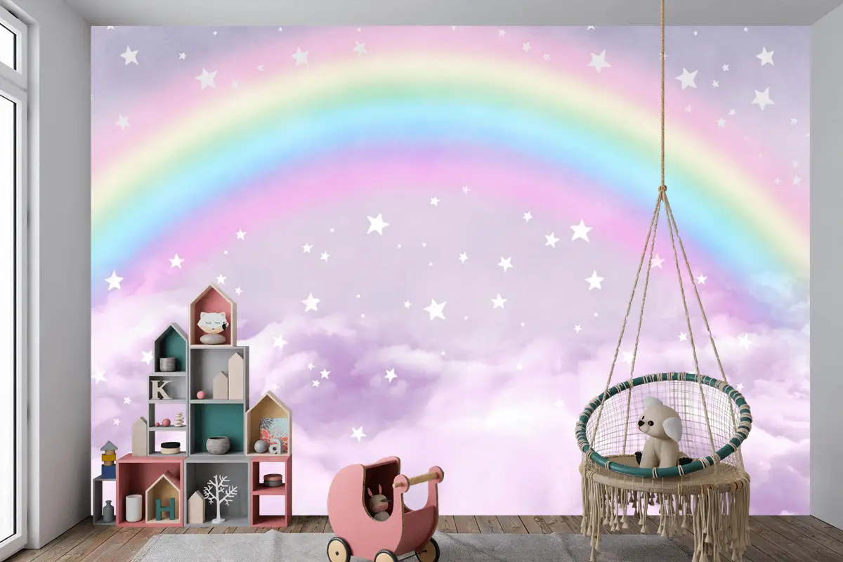 Renkli Pastel Gökkuşağı Ve Bulutlarla Çocuk Bebek Odası Duvar Kağıdı