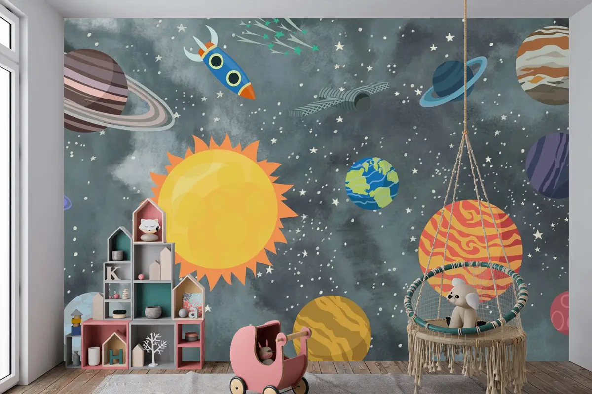 Renkli Uzay Sahnesi ve Roketler Temalı Çocuk Odası Duvar Kağıdı