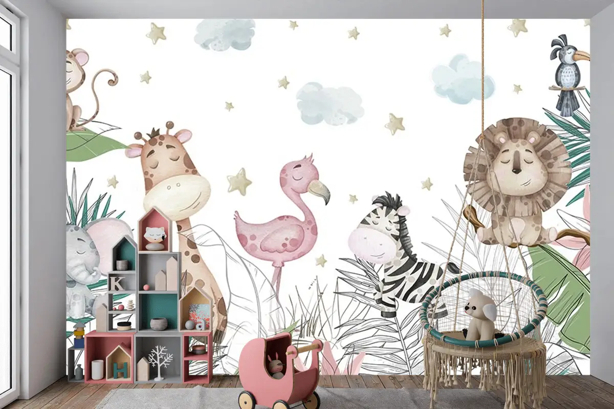 Renkli Yapraklar Sevimli Hayvanlar Çocuk Odası Duvar Kağıdı