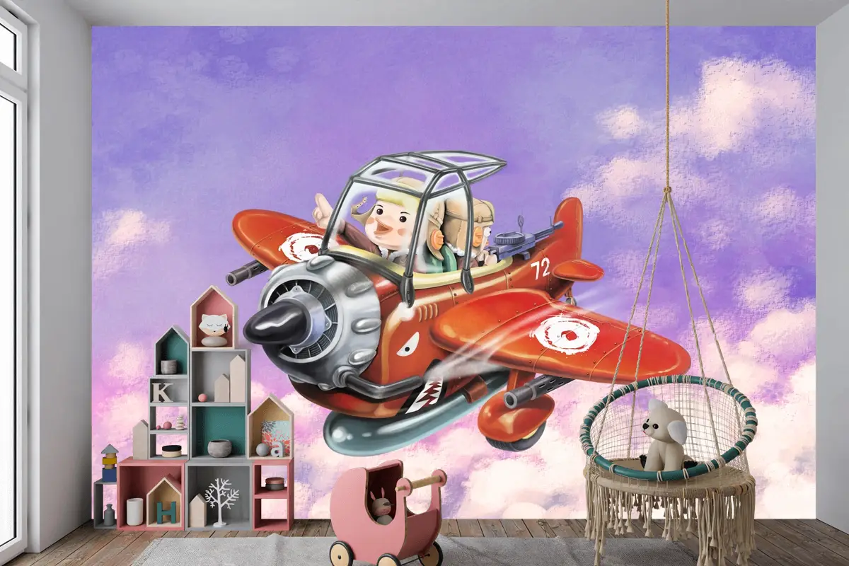 Kırmızı Uçağa Binmek Gökyüzünde Uçmak İki Havacı Çocuk Odası Duvar Kağıdı