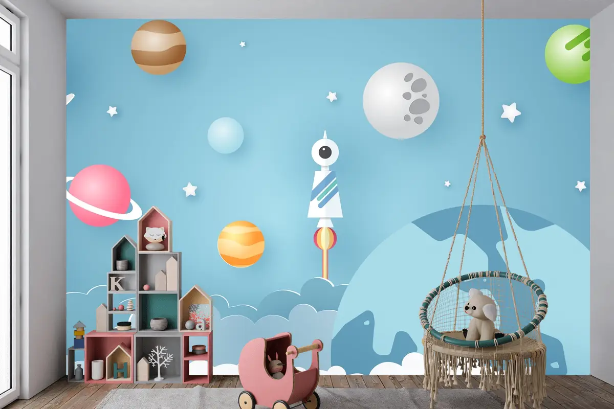 Roket Gezegenler Gibi Çeşitli Gök Nesneleriyle Çevrelenmiş Çocuk Odası Duvar Kağıdı