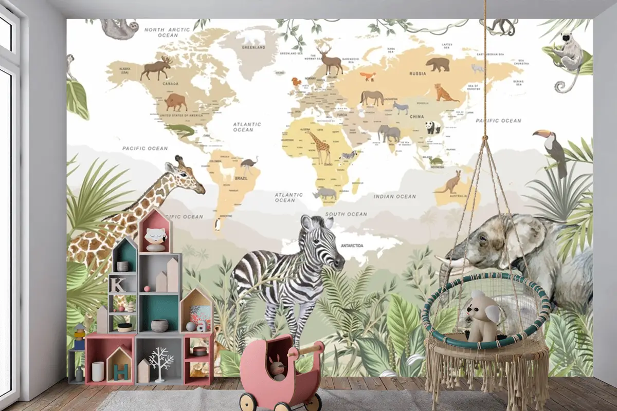 Safari Hayvanları Botanik Yapraklar Dünya Haritası Çocuk Odası Duvar Kağıdı