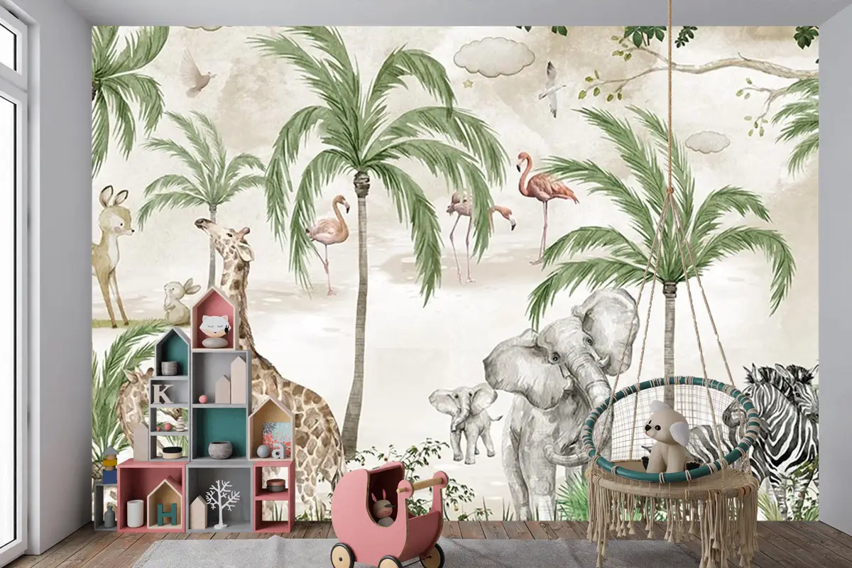 Safari Hayvanları Çocuk Odası Duvar Kağıdı Tropikal Safari Wallpaper